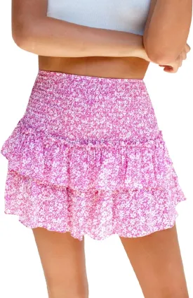 ABAFIP Women Ruffle Mini Skirt Smocked High Waist Floral Print Boho Pleated Layered Short Skirts
