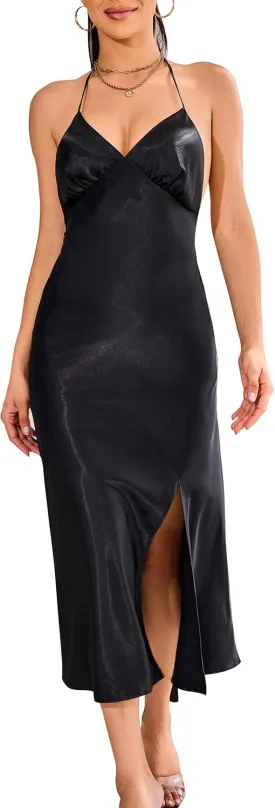 ALCEA ROSEA Womens Satin Dress Backless Spaghetti Strap Cocktail Dress Wedding Guest Evening Party Midi Dresses with Slit