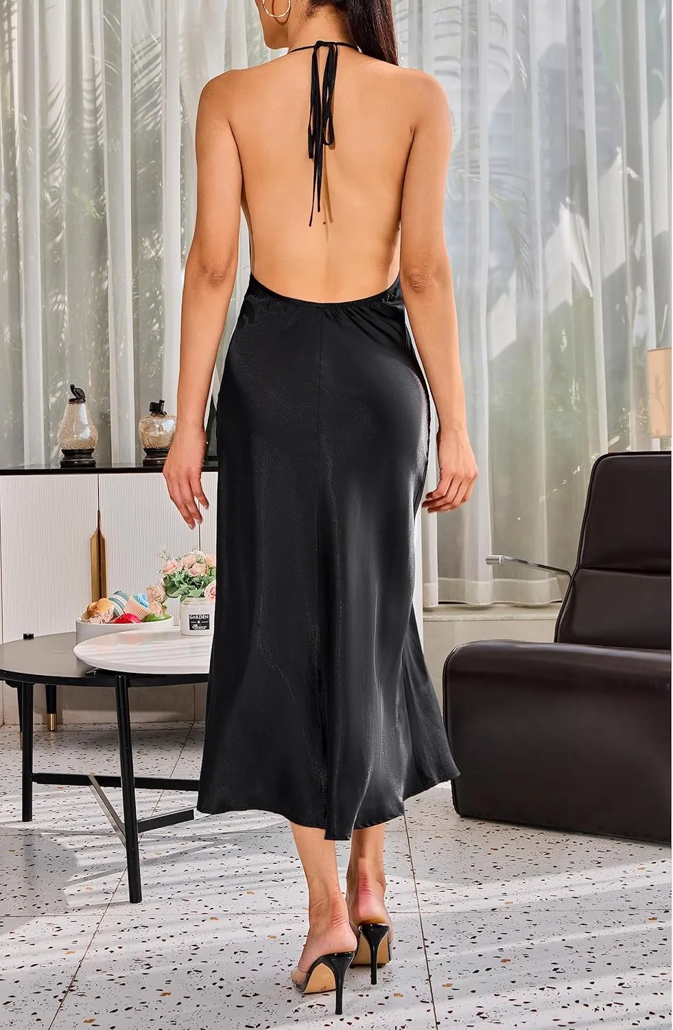 ALCEA ROSEA Womens Satin Dress Backless Spaghetti Strap Cocktail Dress Wedding Guest Evening Party Midi Dresses with Slit