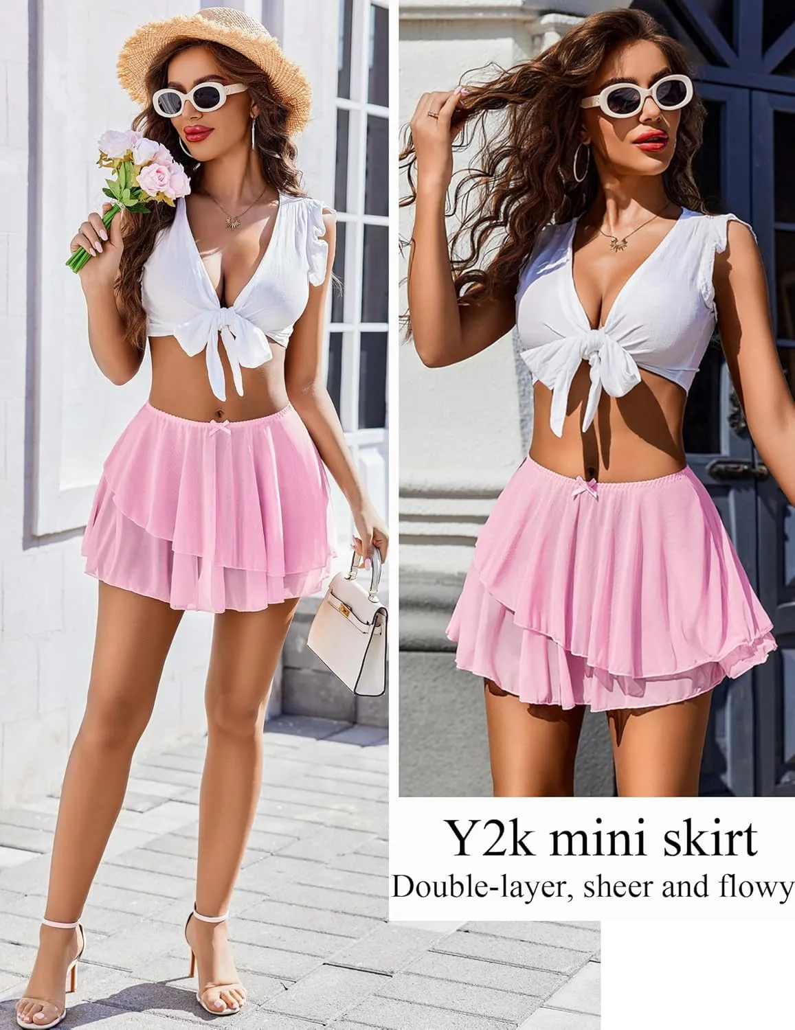 Avidlove Women Pleated Sheer Mini Skirt Y2k Asymmetrical Flowy Short Skirts Sexy Rave Outfits