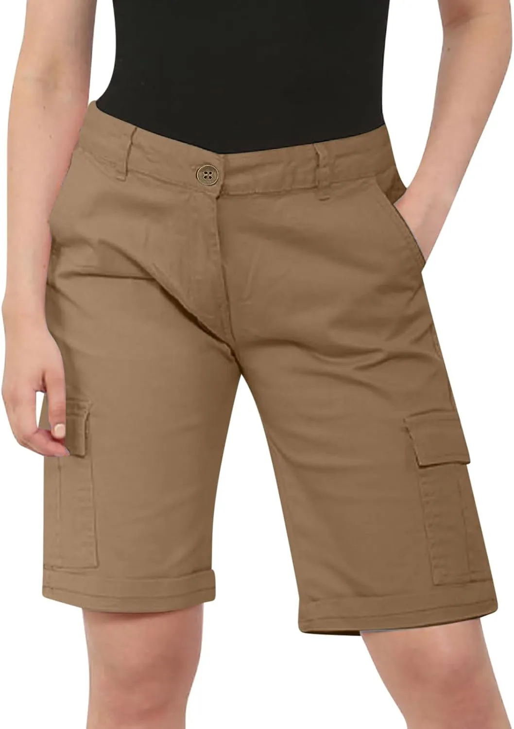 Bermuda Cargo Shorts for Women Knee Length Pockets High Waist Plus Size Shorts Summer Casual Loose Short Pants