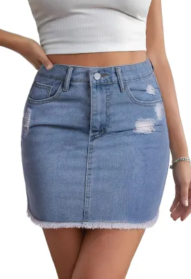 Casual Jean Skirts for Women Denim Mini Skirt Ripped Mid Waist Jean Skirt Frayed Raw Hem Denim Skirts