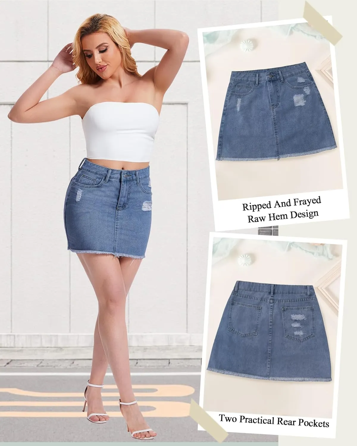 Casual Jean Skirts for Women Denim Mini Skirt Ripped Mid Waist Jean Skirt Frayed Raw Hem Denim Skirts