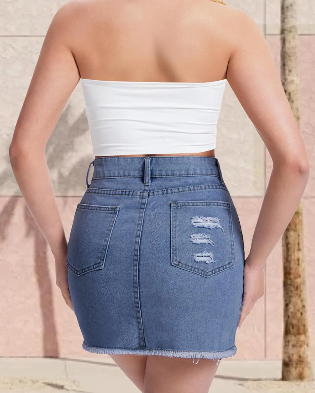 Casual Jean Skirts for Women Denim Mini Skirt Ripped Mid Waist Jean Skirt Frayed Raw Hem Denim Skirts