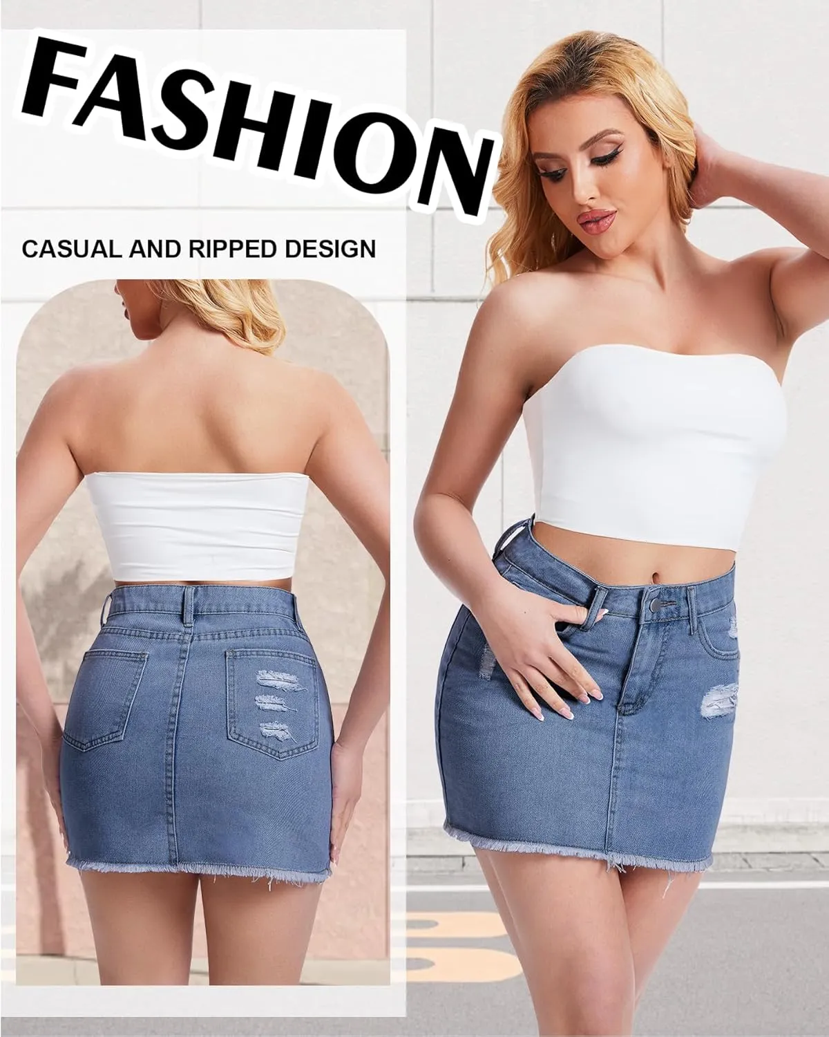 Casual Jean Skirts for Women Denim Mini Skirt Ripped Mid Waist Jean Skirt Frayed Raw Hem Denim Skirts