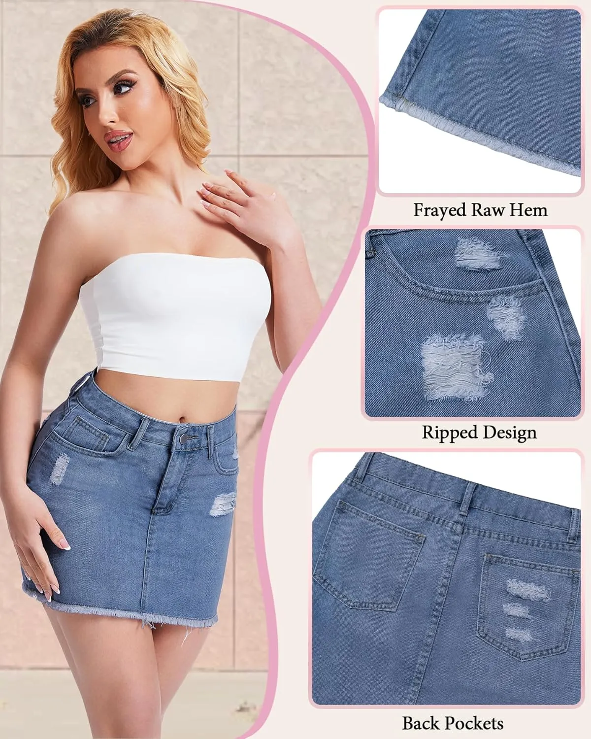 Casual Jean Skirts for Women Denim Mini Skirt Ripped Mid Waist Jean Skirt Frayed Raw Hem Denim Skirts