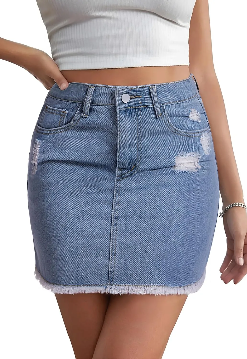 Casual Jean Skirts for Women Denim Mini Skirt Ripped Mid Waist Jean Skirt Frayed Raw Hem Denim Skirts