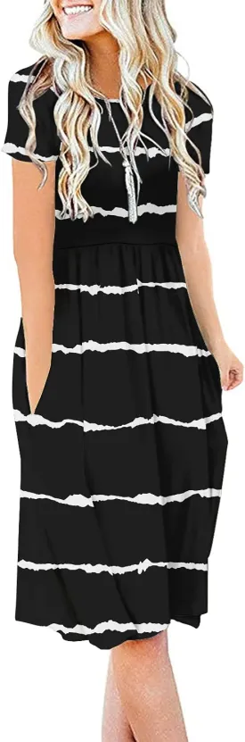DB MOON Women Summer Casual Short Sleeve Dresses Empire Waist Dress with Pockets