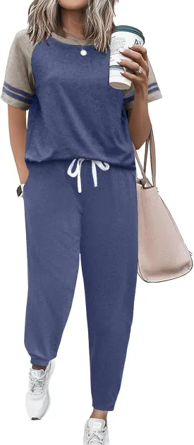 Ekouaer Lounge Sets for Women Two Piece Pajama Set Short Sleeve Crewneck Jogger Outfits and Sweatpants Tracksuit with Pockets