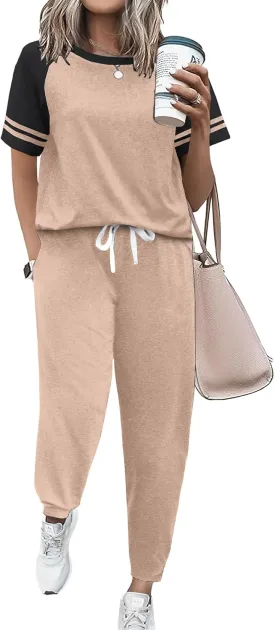 Ekouaer Lounge Sets for Women Two Piece Pajama Set Short Sleeve Crewneck Jogger Outfits and Sweatpants Tracksuit with Pockets