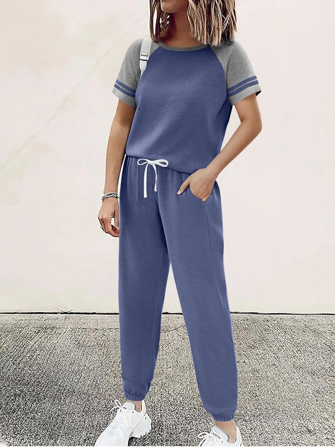 Ekouaer Lounge Sets for Women Two Piece Pajama Set Short Sleeve Crewneck Jogger Outfits and Sweatpants Tracksuit with Pockets