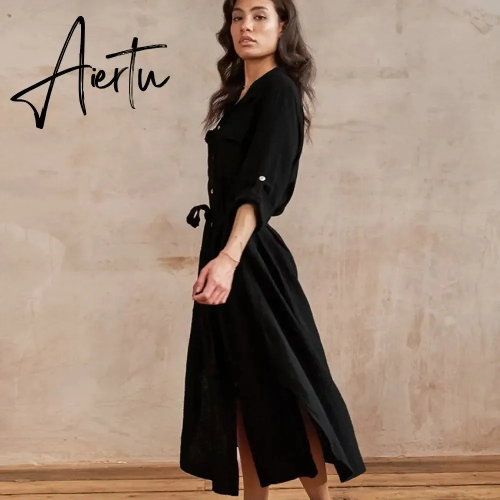 Elegant Slim Summer Women Fashion Cotton Dresses Buttons Cardigan Shirts Dress Casual Long Sleeves Home Wear Office Vestidos