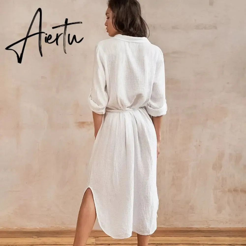 Elegant Slim Summer Women Fashion Cotton Dresses Buttons Cardigan Shirts Dress Casual Long Sleeves Home Wear Office Vestidos