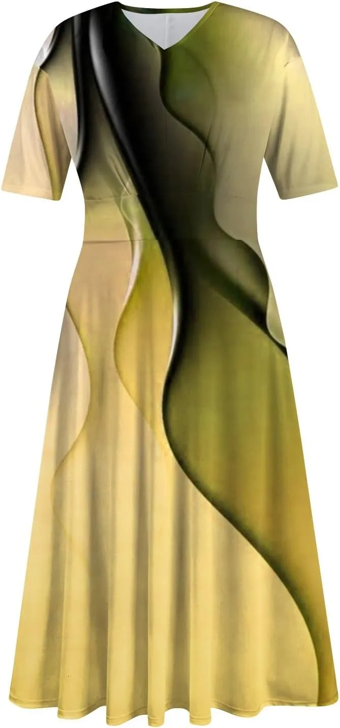 FlekmanArt Maxi Dress for Women Print Short Sleeve A-Line Beach Waist V Neck Trendy Swing Dress