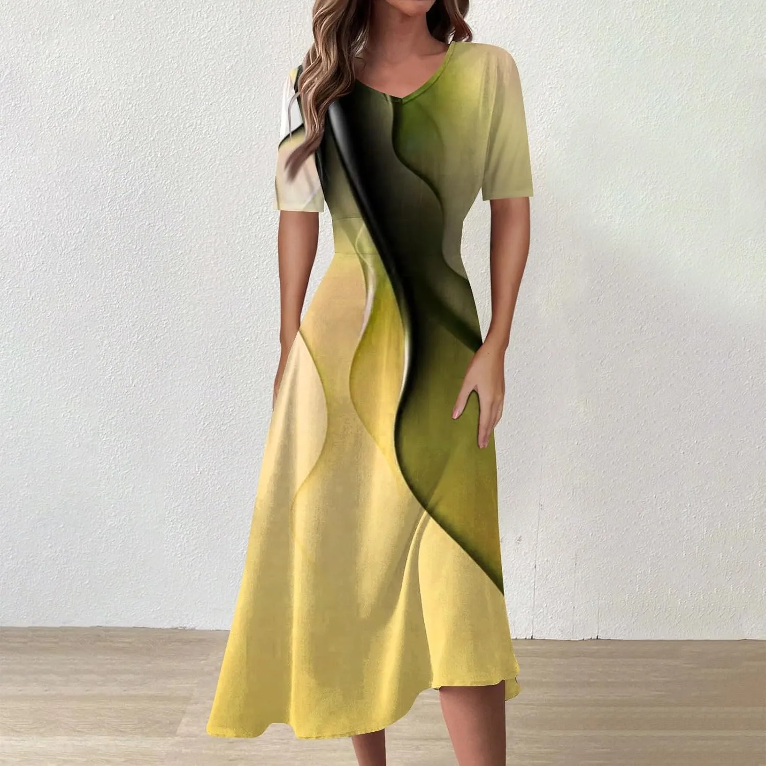 FlekmanArt Maxi Dress for Women Print Short Sleeve A-Line Beach Waist V Neck Trendy Swing Dress