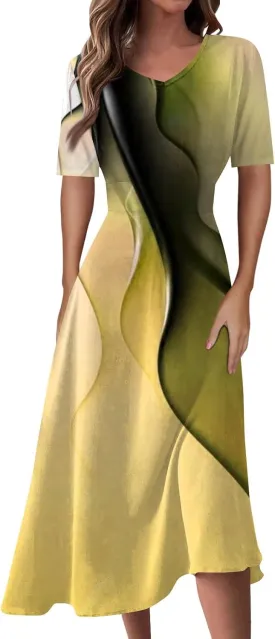 FlekmanArt Maxi Dress for Women Print Short Sleeve A-Line Beach Waist V Neck Trendy Swing Dress