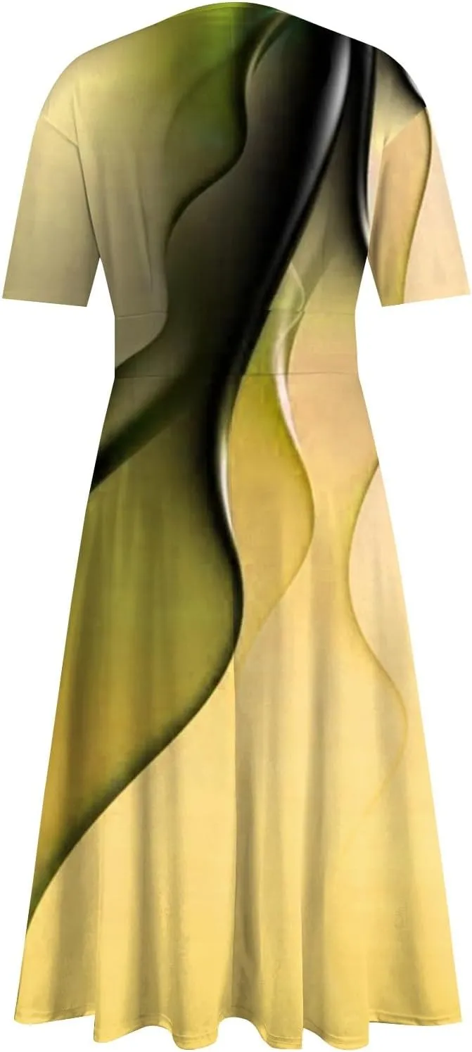 FlekmanArt Maxi Dress for Women Print Short Sleeve A-Line Beach Waist V Neck Trendy Swing Dress