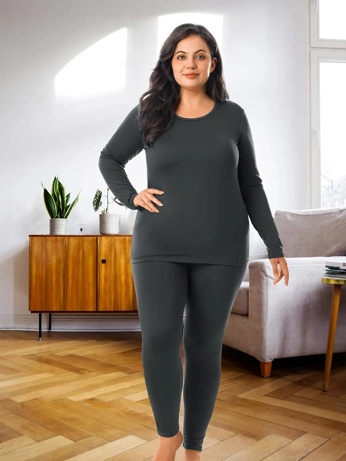 HOdo Plus Size Thermal Underwear Women Long Johns Fleece Lined Base Layer Top and Bottom Sets 1X-5X
