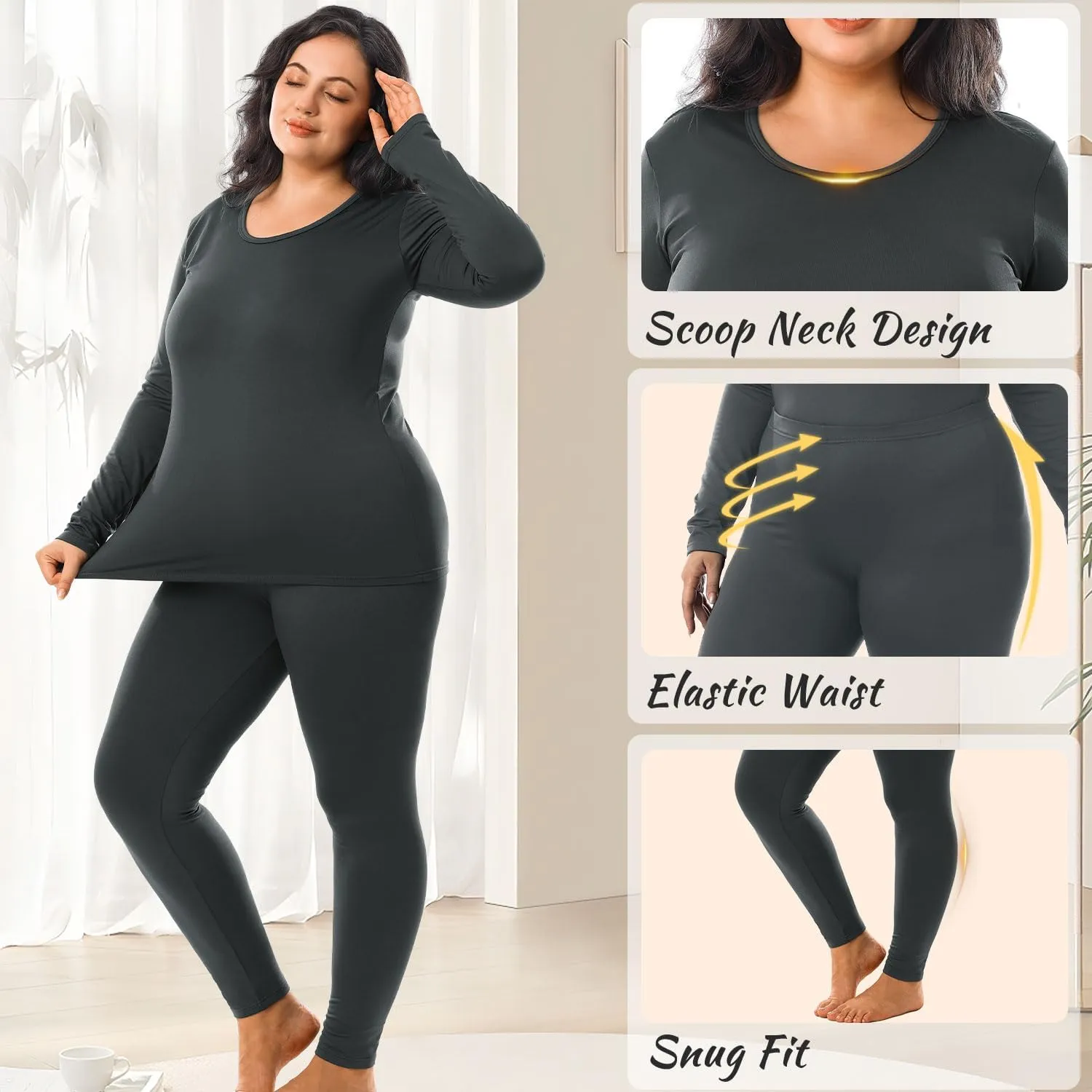 HOdo Plus Size Thermal Underwear Women Long Johns Fleece Lined Base Layer Top and Bottom Sets 1X-5X