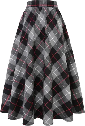 IDEALSANXUN Womens Plaid Skirt Elastic Waist A-line Midi Pleated Skirts