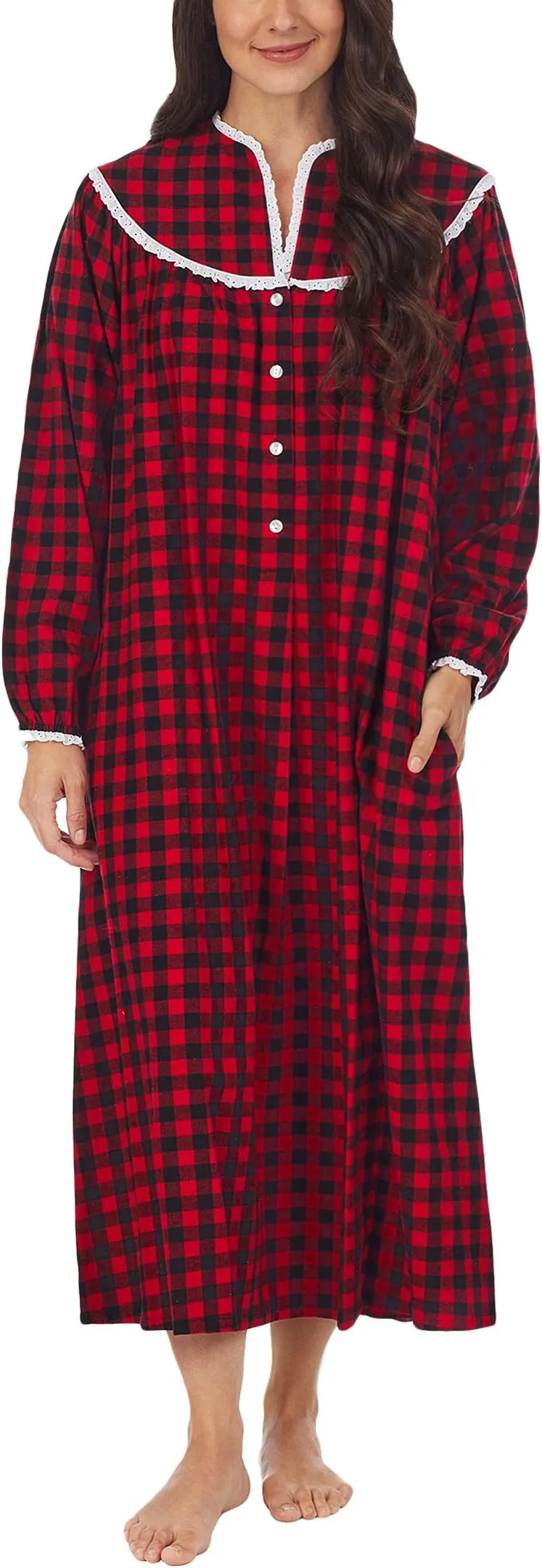 Lanz of Salzburg 50" Classic Open Neck Dress color Black/Red Buffalo Check