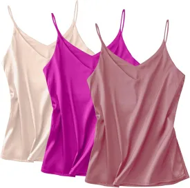 Miqieer Basic 3 Pack Women's Silk Tank Top Ladies V-Neck Camisole Silky Loose Sleeveless Blouse Tank Shirt with Soft Satin
