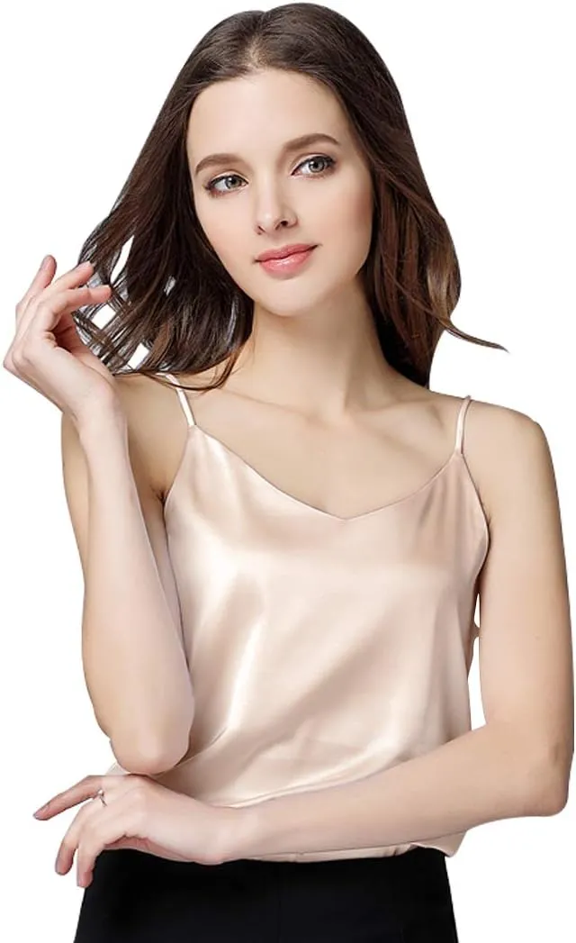 Miqieer Basic 3 Pack Women's Silk Tank Top Ladies V-Neck Camisole Silky Loose Sleeveless Blouse Tank Shirt with Soft Satin