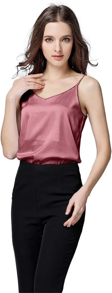 Miqieer Basic 3 Pack Women's Silk Tank Top Ladies V-Neck Camisole Silky Loose Sleeveless Blouse Tank Shirt with Soft Satin