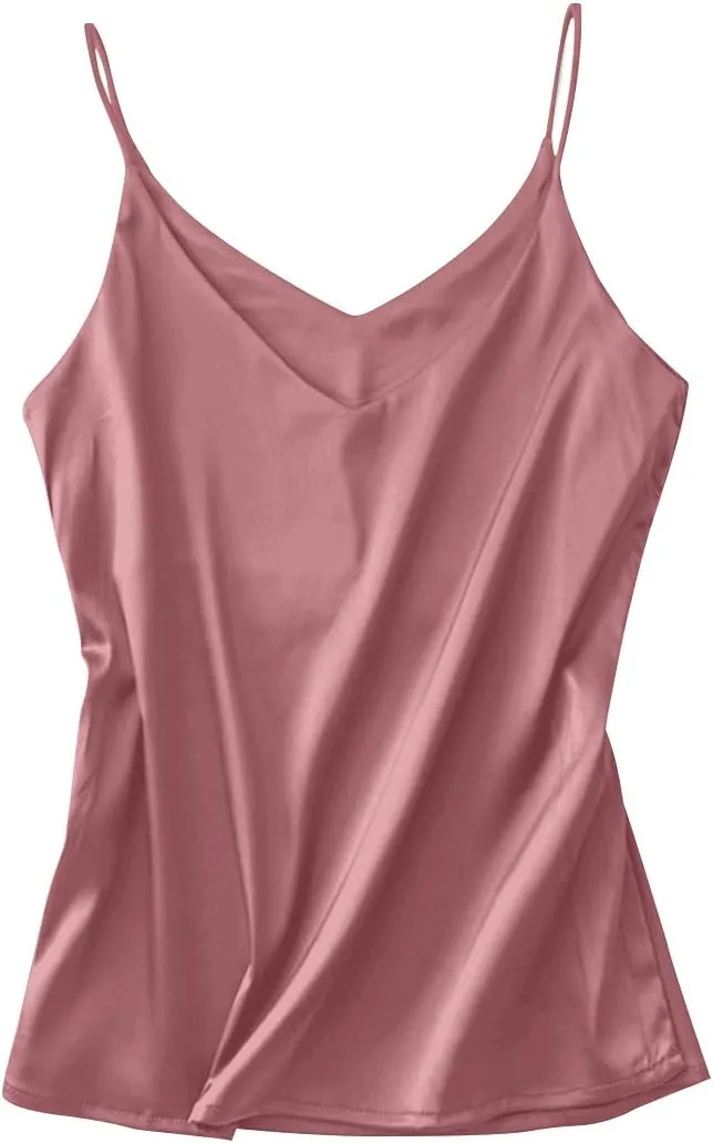 Miqieer Basic 3 Pack Women's Silk Tank Top Ladies V-Neck Camisole Silky Loose Sleeveless Blouse Tank Shirt with Soft Satin