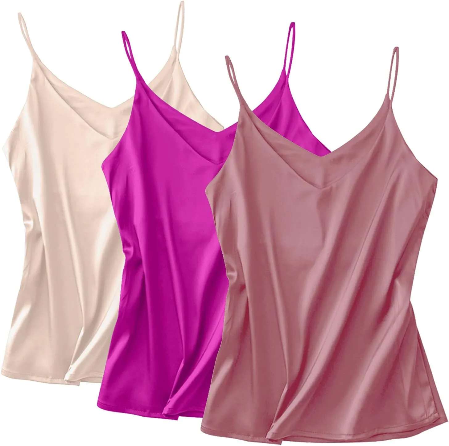 Miqieer Basic 3 Pack Women's Silk Tank Top Ladies V-Neck Camisole Silky Loose Sleeveless Blouse Tank Shirt with Soft Satin
