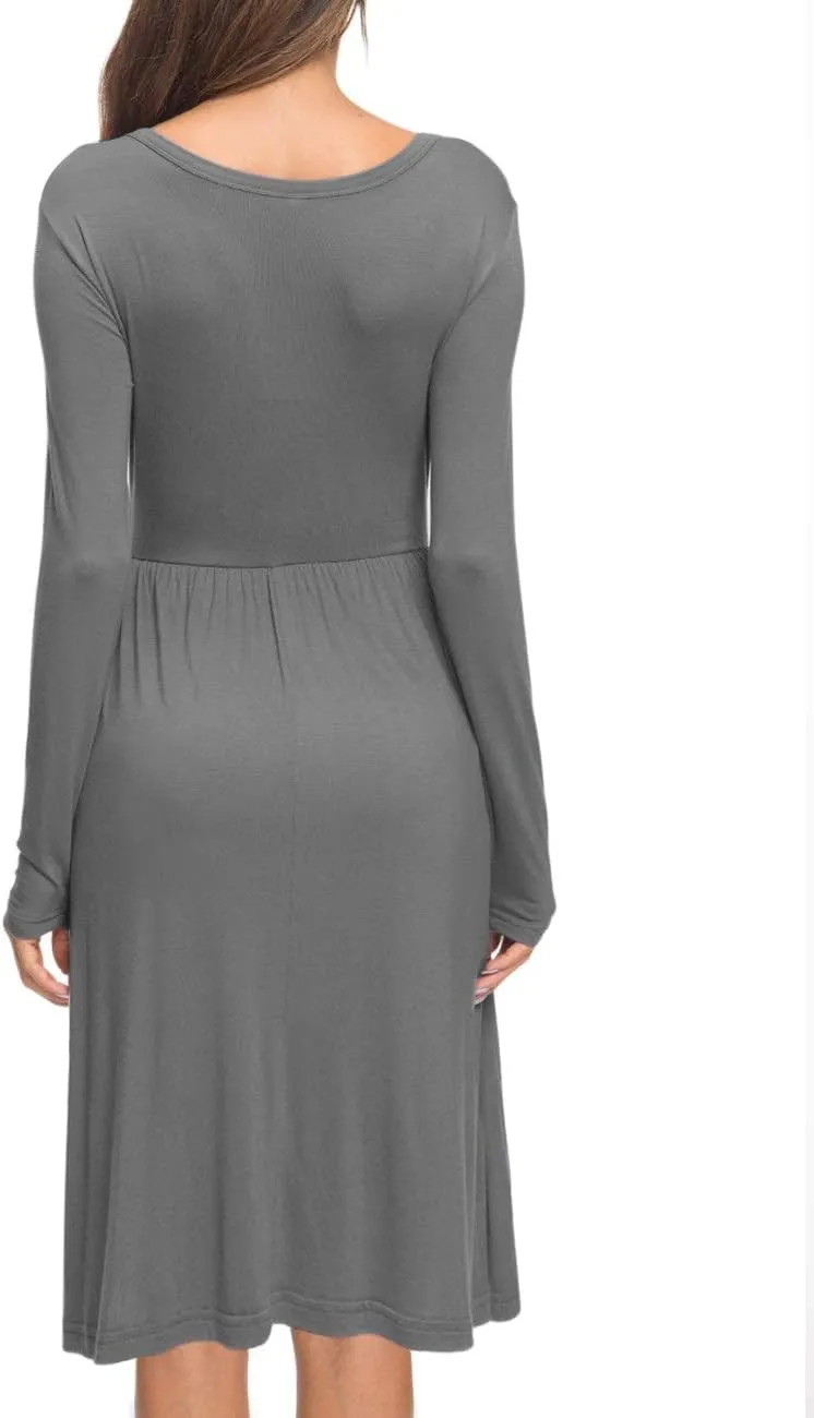 MISFAY Women's Long Sleeve Midi Dress Loose Casual Empire Waist Dresses with Pockets