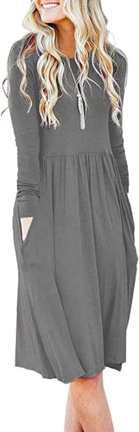 MISFAY Women's Long Sleeve Midi Dress Loose Casual Empire Waist Dresses with Pockets