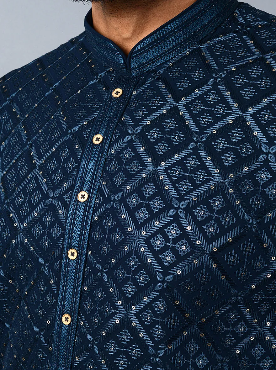 Navy Blue Embroidered Regular Fit Kurta Set | TULA