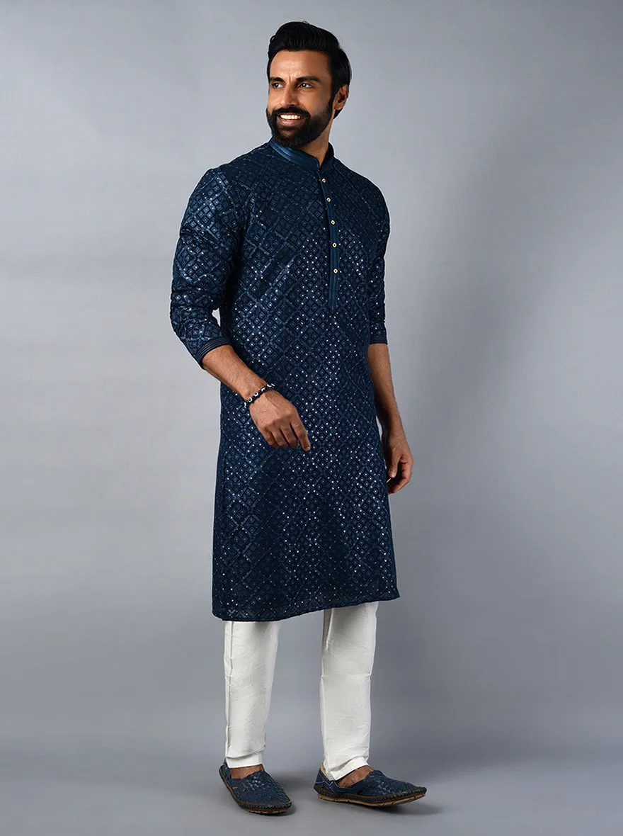 Navy Blue Embroidered Regular Fit Kurta Set | TULA