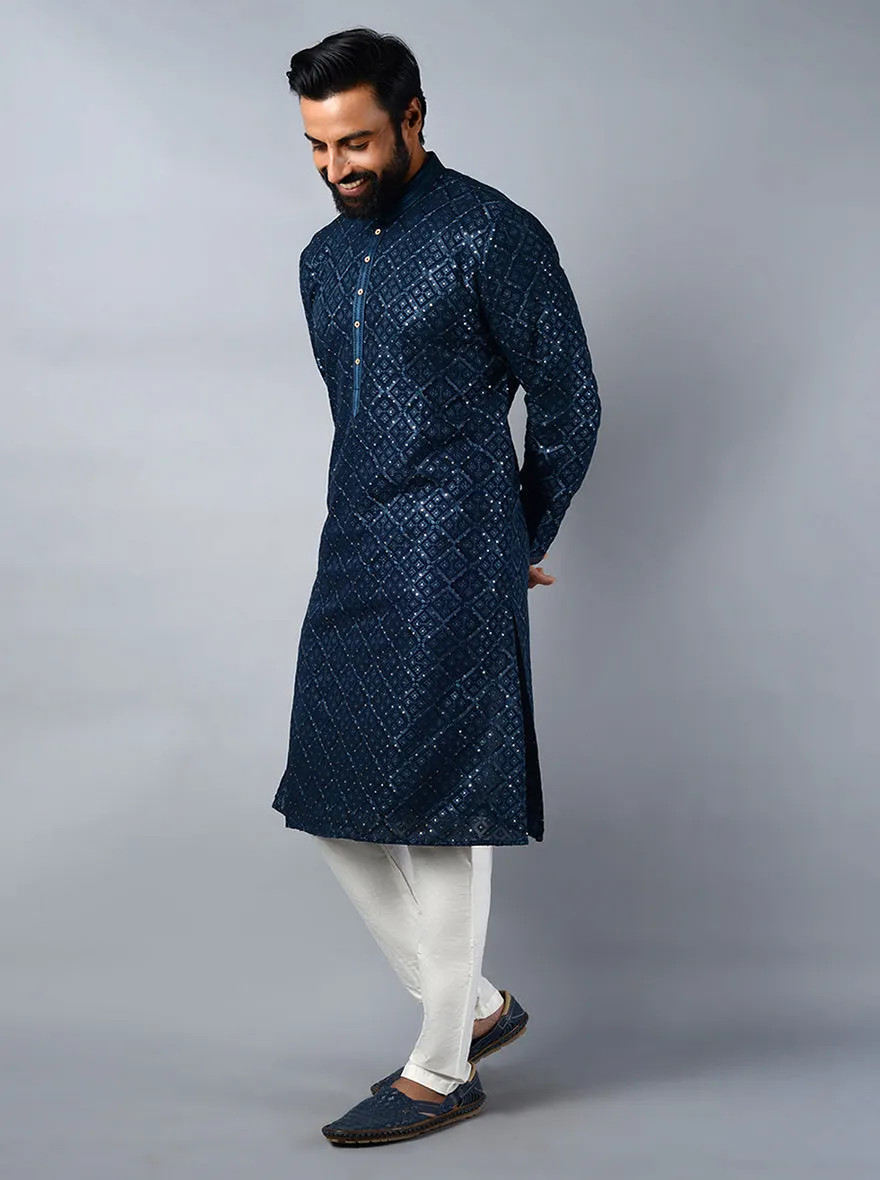Navy Blue Embroidered Regular Fit Kurta Set | TULA