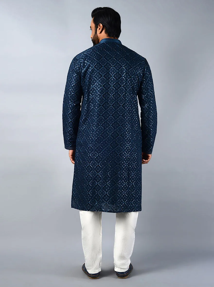 Navy Blue Embroidered Regular Fit Kurta Set | TULA