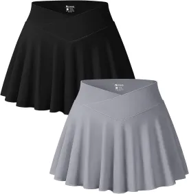 OQQ Women 2 Piece Mini Skirts 2 in 1 Flowy Sexy Basic Stretchy Cross Over Flared Casual Skirts