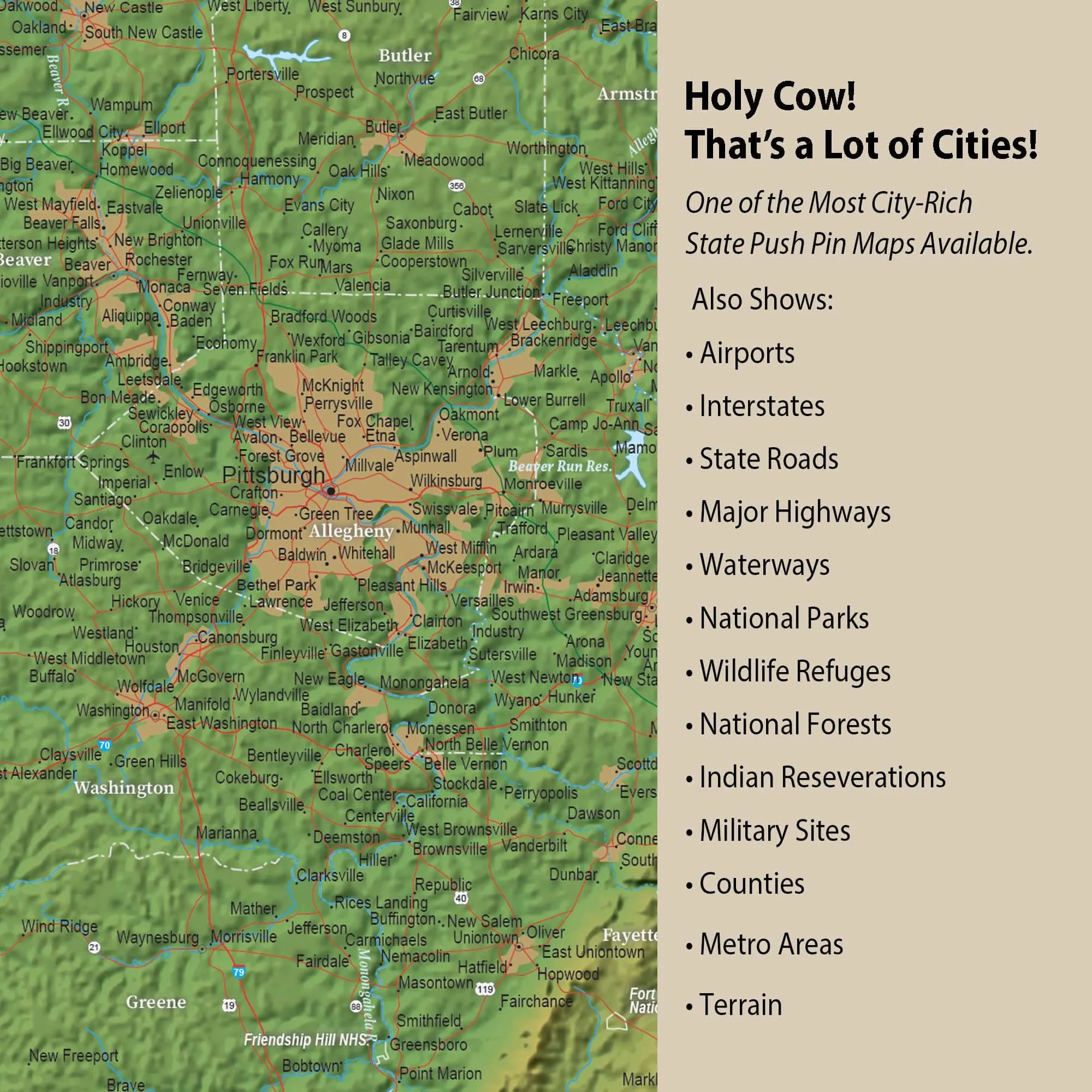 Pennsylvania Push Pin Terrain Map