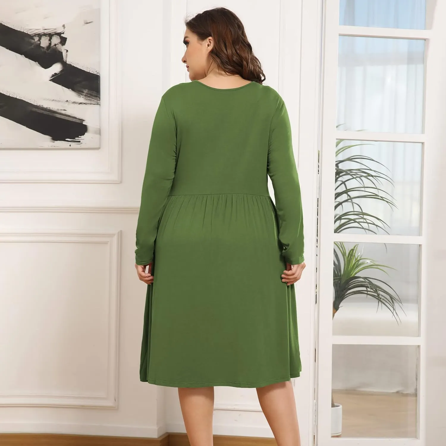 POSESHE Women's Plus Size Dresses 2024 Long Sleeves Crew Neck Casual Dresses Empire Waist Loose Flowy Dress with Pockets
