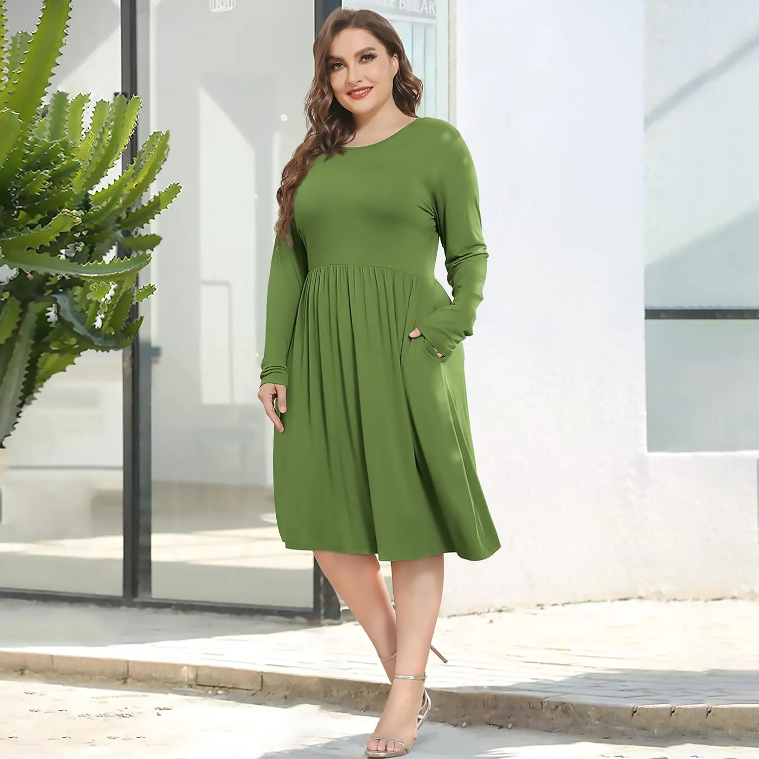 POSESHE Women's Plus Size Dresses 2024 Long Sleeves Crew Neck Casual Dresses Empire Waist Loose Flowy Dress with Pockets