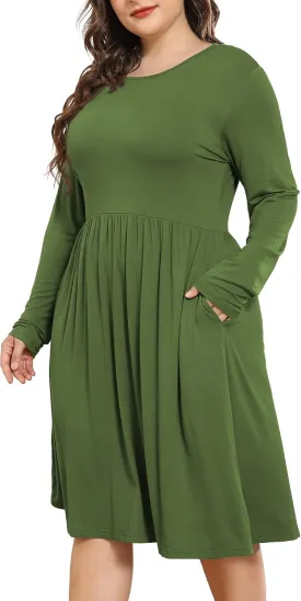 POSESHE Women's Plus Size Dresses 2024 Long Sleeves Crew Neck Casual Dresses Empire Waist Loose Flowy Dress with Pockets
