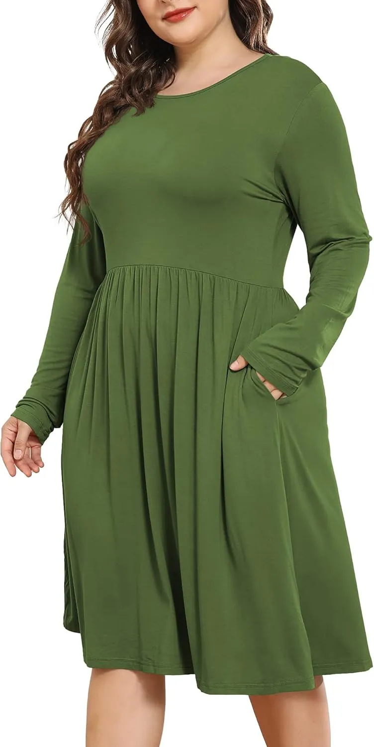 POSESHE Women's Plus Size Dresses 2024 Long Sleeves Crew Neck Casual Dresses Empire Waist Loose Flowy Dress with Pockets