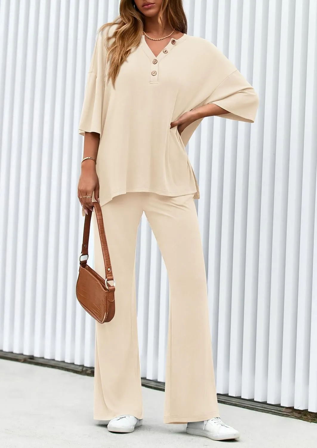 PRETTYGARDEN Women's 2 Piece Outfits 2025 Summer Casual V Neck Short Sleeve Tops Wide Leg Pants Matching Lounge Sets