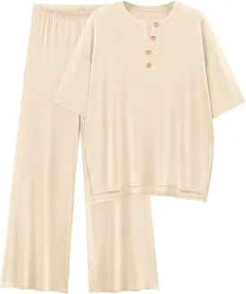 PRETTYGARDEN Women's 2 Piece Outfits 2025 Summer Casual V Neck Short Sleeve Tops Wide Leg Pants Matching Lounge Sets