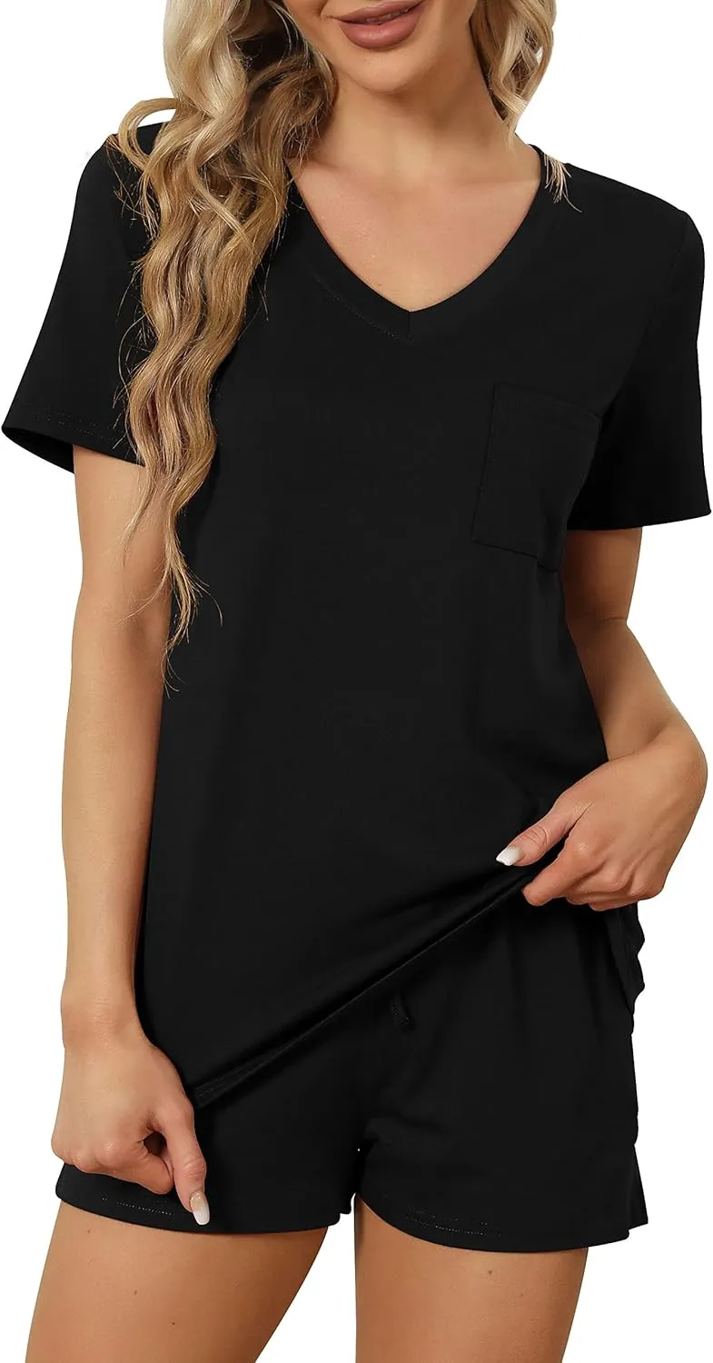 RUBZOOF Women's Short Sleeve Pajama Sets with Pockets Casual V Neck 2 Piece Lounge Sets S-3XL