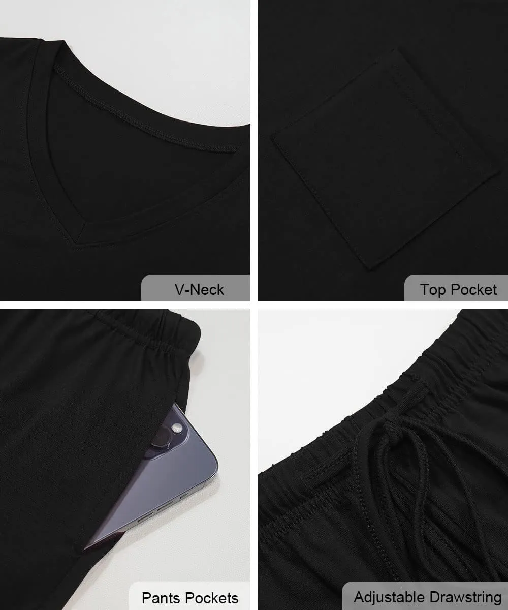RUBZOOF Women's Short Sleeve Pajama Sets with Pockets Casual V Neck 2 Piece Lounge Sets S-3XL