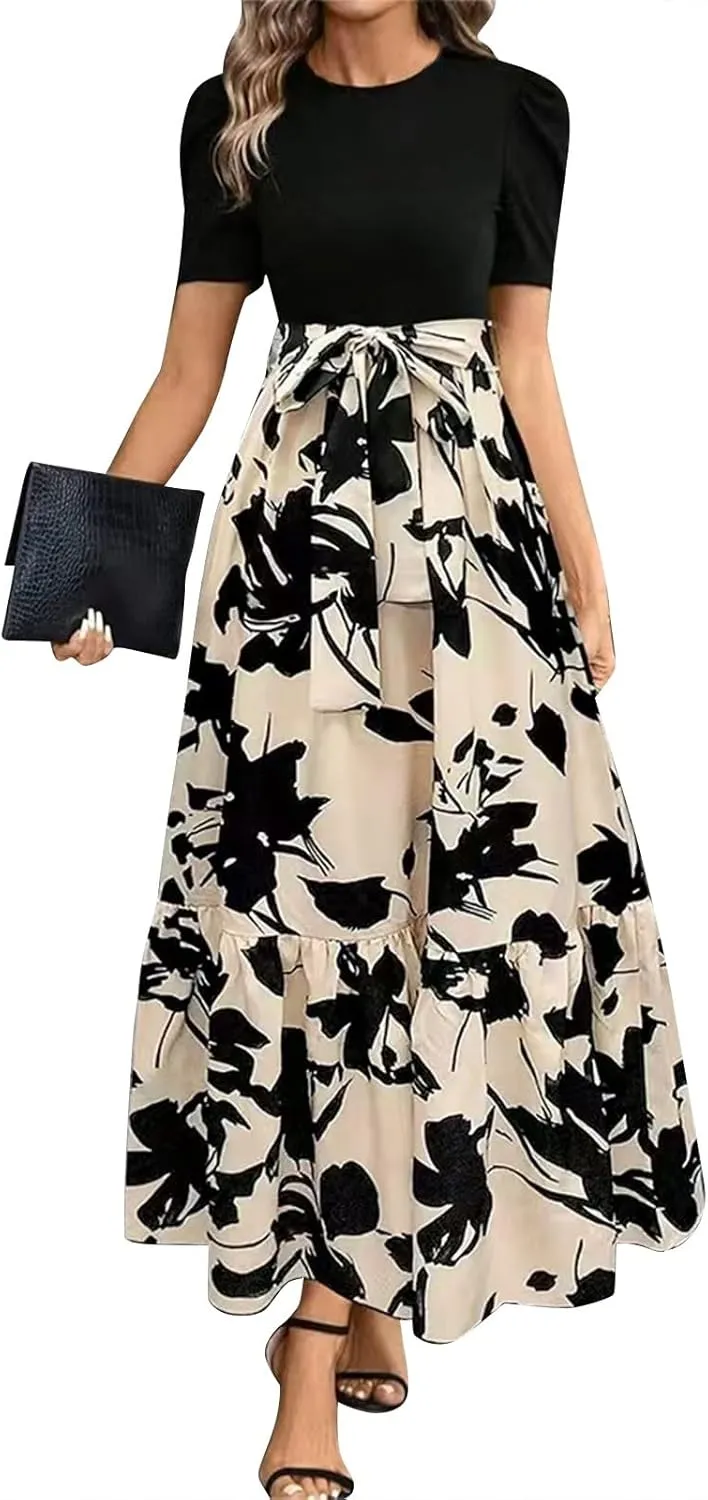 Summer Dresses for Women Empire Waist Tie Tiered Garden Party Dress Short Sleeve Floral Printed Beach Boho Dress