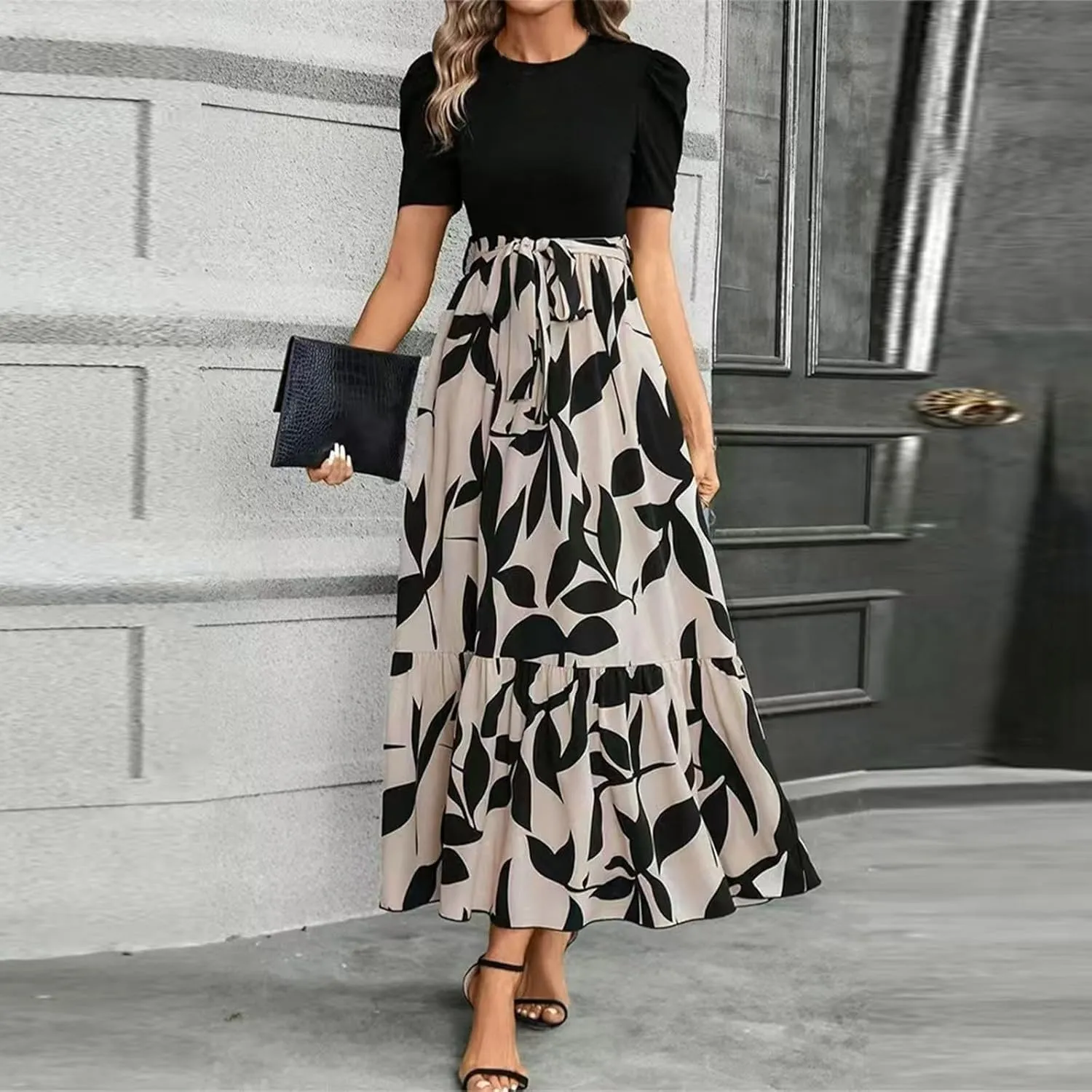 Summer Dresses for Women Empire Waist Tie Tiered Garden Party Dress Short Sleeve Floral Printed Beach Boho Dress