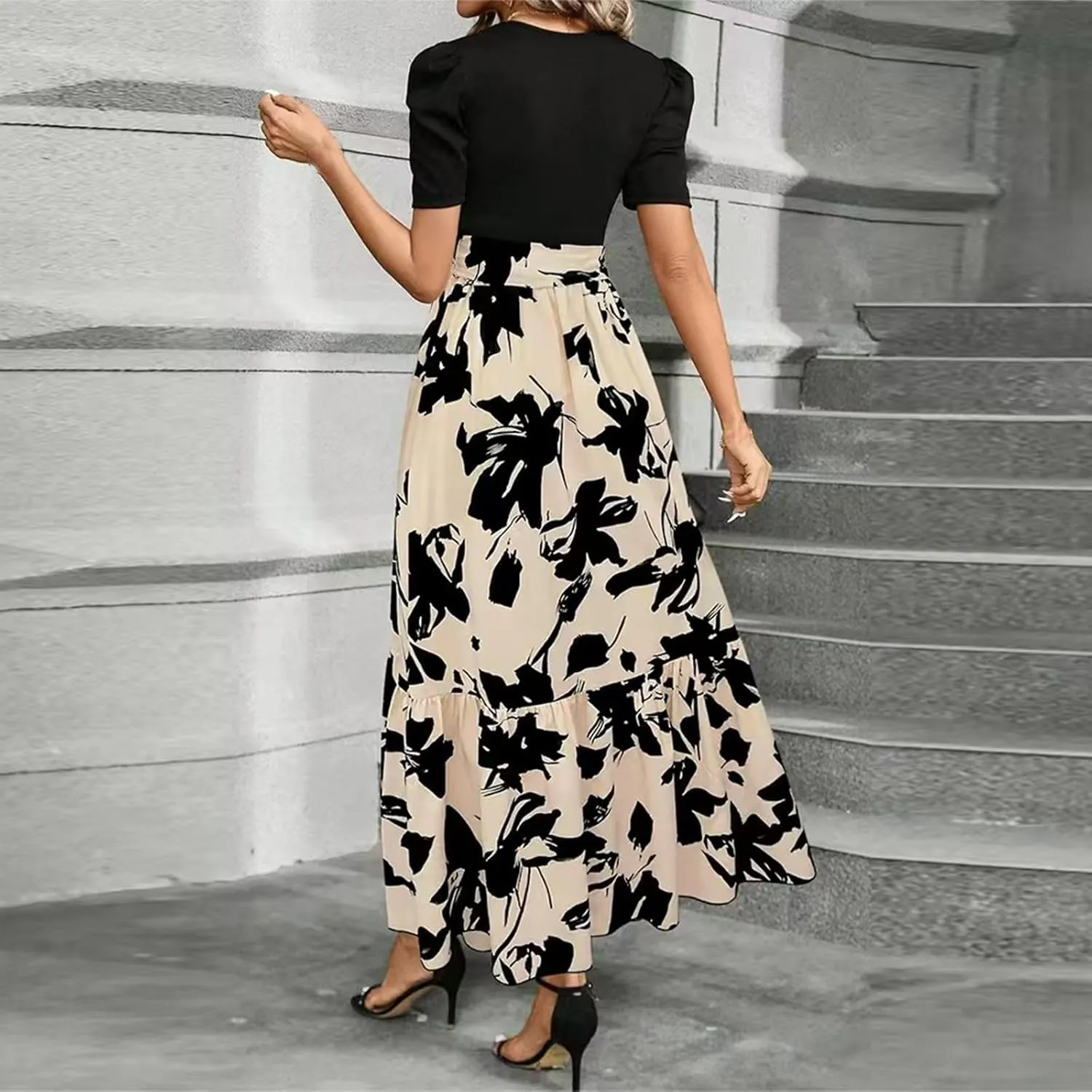 Summer Dresses for Women Empire Waist Tie Tiered Garden Party Dress Short Sleeve Floral Printed Beach Boho Dress