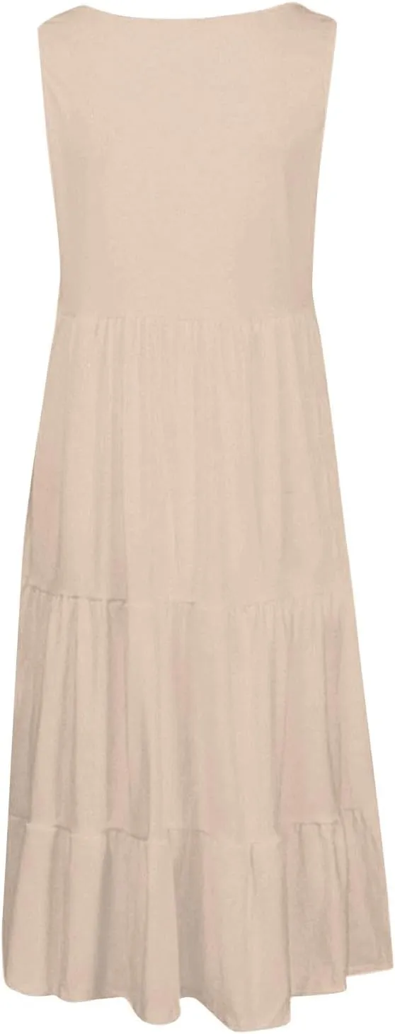 Sundresses for Women 2025 Floral Print Pleated Sundresses Round Neck Sleeveless Midi Dresses Swing Beach Dress
